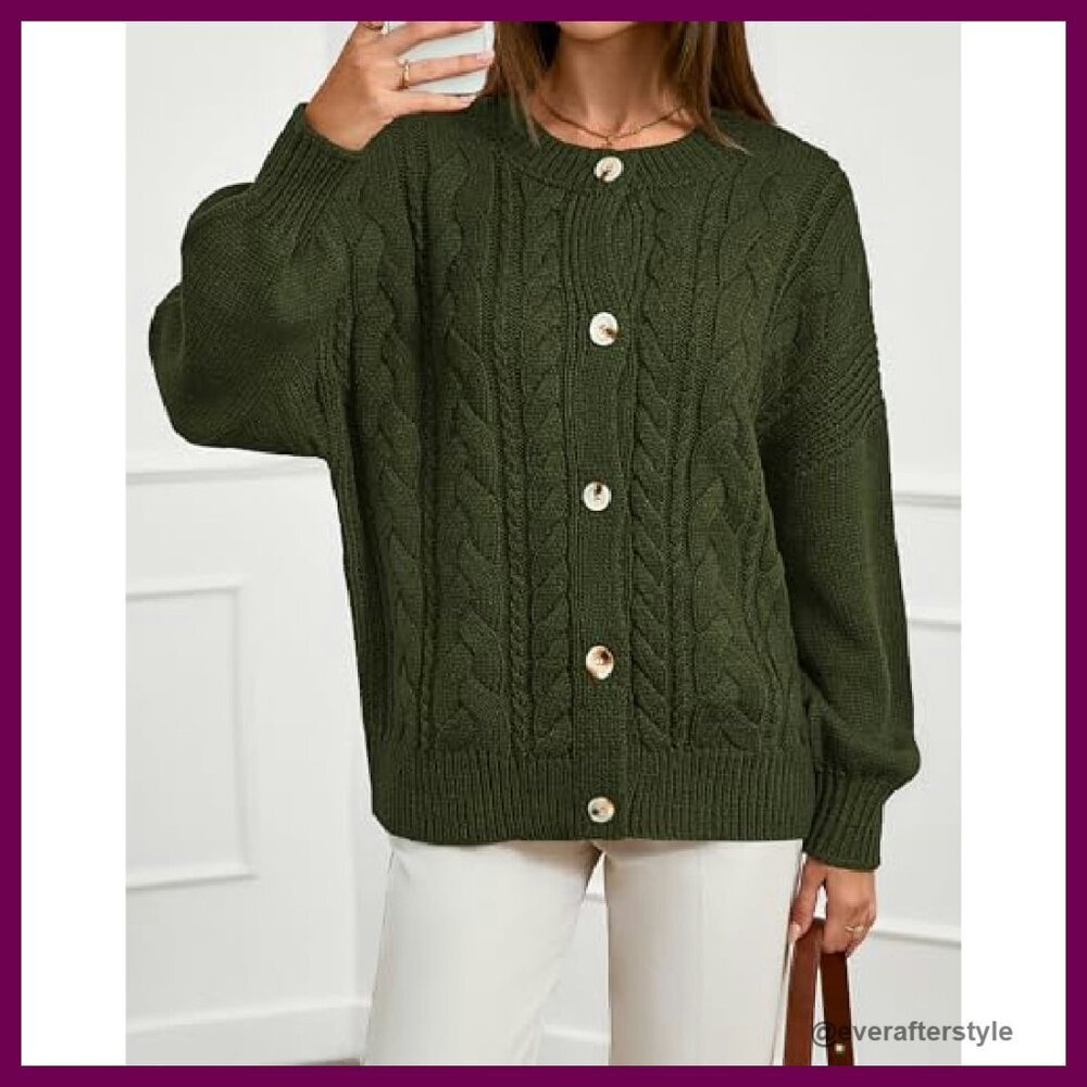 Chunky Cable Knit Cardigan Oversized Loose Fit Button Front Winter Cozy - Picture 6 of 8